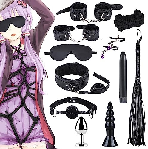 Qoosea 12 Piezas SM Bondage Kit, SM Bondage Set Erótico Juguetes Sexuales Plug Anal Butt Plug Set para Parejas BDSM Restraints Kits Esposas para Principiantes y Experimentados (Negro)