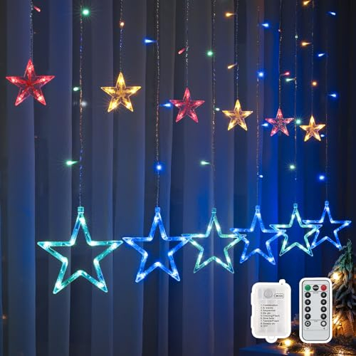 BLOOMWIN Weihnachtsdeko Fenster Beleuchtet - 2M 138 LED Stern Weihnachtsbeleuchtung Fenster Lichtervorhang Innen, Lichterkette Weihnachten Deko für Fensterdeko Zimmer, Bunt Batterie
