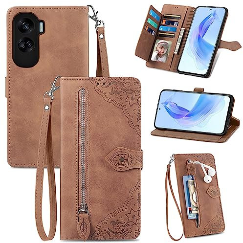 MOJIA Coque Porte Monnaie pour Honor 90 Lite, Etui Portefeuille en Cuir PU avec Cover en TPU, Etui Multifonctionnel Porte-Cartes avec Dragonne. Marron