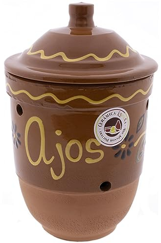 CERÁMICA ESPAÑA | Tarro para ajos | Ajero | Tarros de cocina | Recipiente para ajos | Tarros originales - Modelo M05 | 100% Decoración hecho a mano | 13x13x20 cm