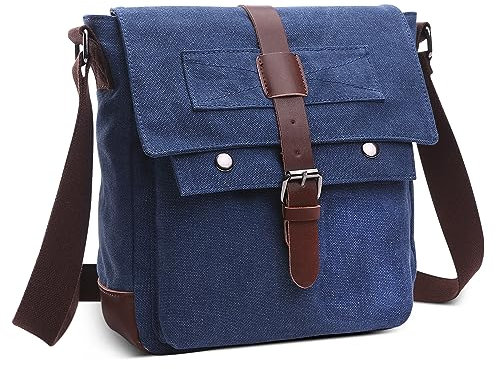 DORRISO Elegante Hombre Vintage Bolsos Hombro Lienzo Bolsa Mensajero para 10.9 Pulgadas iPad con Correa Ajustable Múltiples Bolsillos para Casual Cámping Al Aire Libre Tela Bandolera Azul