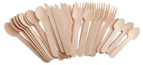 GoCoPack Ensemble de couverts en bois : lot de 300 cuillères, 300 fourchettes, 300 couteaux et 300 cuillères à café jetables en bois écologique 100 % compostables et biodégradables