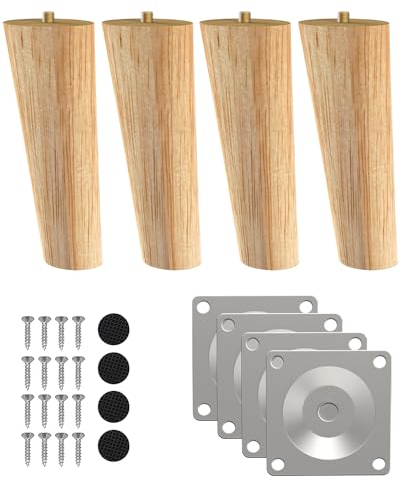 ROFMAPLE 15cm Holz Tischbeine, 4 Stück Massivholz Schräg Konisch Ersatz Möbelfüße Schrank füße mit vorgebohrten M8 Bolzen, Montageplatten, Schrauben und Fußpolster für Schrank Sofa Couchtisch Model