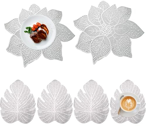 Spldsun Set of 6 Tovagliette Tonde e Sottobicchieri, Tovagliette Rotonde Con Fiori Scavati Tovagliette All'Americana Lavabili, per Tavoli Antiscivolo, Antigraffio, Decorativi (Argento)