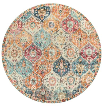 kyaoayo Runder Vintage Boho Teppich - Waschbar, Kurzflor, rutschfest für Esszimmer Schlafzimmer - In & Outdoor Modern Mandala Bedruckt (Orange, Durchmesser 140CM)