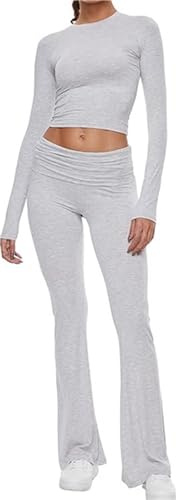 AnotherChill 2-teiliges Lounge-Set für Damen, umklappbar, ausgestelltes Hosen-Set, langärmelig, Bauchfreies Oberteil, lässige Outfits, Pyjamas