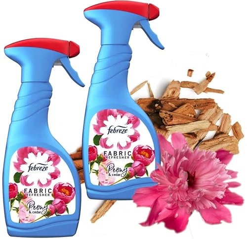 Fabric Air Freshener Spray Bundle - Pack of 2 x 500ml Peony and Cedar Water-based Formula Fabric Spray, Carpet Freshener. Great Room Scent Odour Eliminator & Air Fresheners for Home with Topline Card