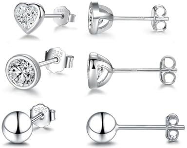 Ecripe 3 Paar 925 Sterling Silber Ohrstecker, Hypoallergene Cubic Zirkonia Ohrstecker Silber für Frauen, Funkelnde Ohrläppchen Knorpel Ohrringe (Herz)