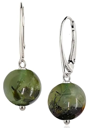 I.L.U.S Damen Ohrringe Grün 925 Sterling Silber, grüne Naturstein-Kugel 12mm, elegante Kristall Ohrhänger mit großem Prehnit-Edelstein, Schmuck Geschenk für Frauen, Halbedelstein Hängeohrringe