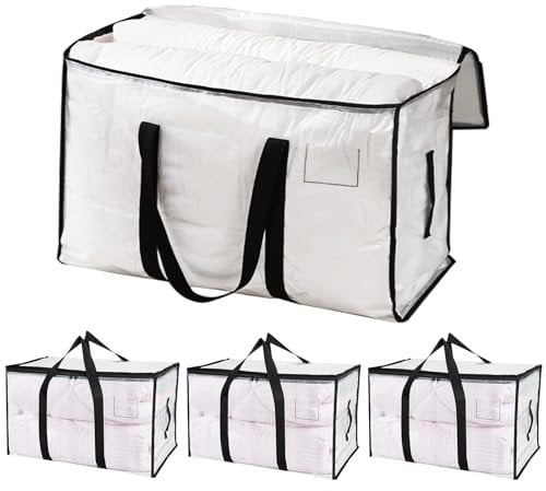 AHAQU 4PCS Large Moving Bags with Zips, 94L Heavy Duty Clear Storage Bags, Waterproof Underbed Storage with Strong Handles for Clothes, Duvet, Bedding, Blankets, Toys