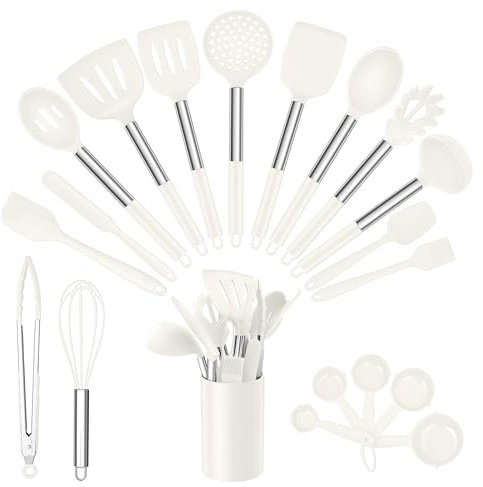 TEAMFAR Küchenhelfer, 20 Stück Silikon Küchenutensilien mit Edelstahlgriff, Hitzebeständiger Kochbesteck Kochutensilien mit Utensilienhalter zum Kochen Backen, Weiß