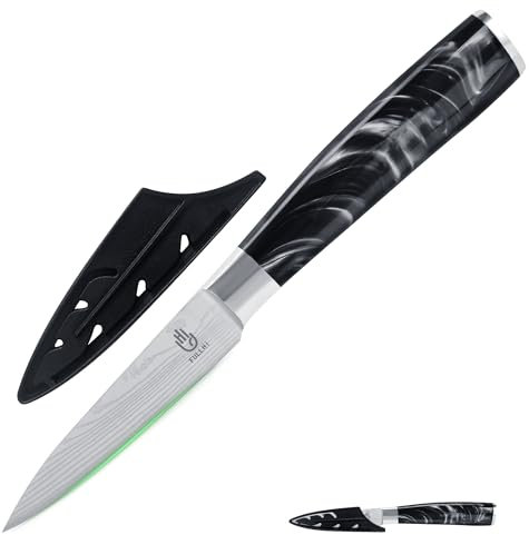 FULLHI Couteau d'office, couteau japonais multicolore de 3,5 pouces avec garde, couteau de cuisine en acier inoxydable avec étui (Resina negra)