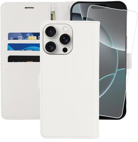 MONASAY for iPhone 16 Pro 5G Wallet Case,[Glass Screen Protector Included] [RFID Blocking] Flip Folio Leather Cell Phone Cover with Credit Card Holder, 6.3-inch, White