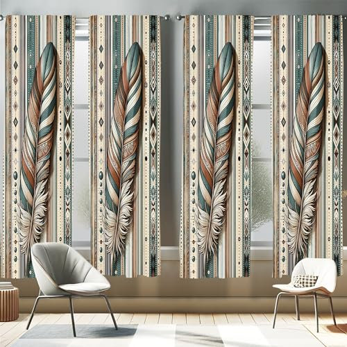 ABAKUHAUS Bohémien Tenda a Pannello Set di 4, Grande Piuma audace su Linee, Trattamento della Finestra per Stanza e Camera da Letto, 150 cm x 225 cm, Blu Cadetto Beige Marrone