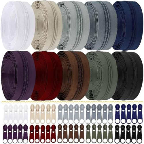 Lighterdasy 30M Cerniera Lampo in 10 Colori,Cerniere Lampo Invisibile fai-da-te con 50 Tiretti,Kit di Riparazione per Cerniera per Borse Uncinetto (10 Colori Scuri)