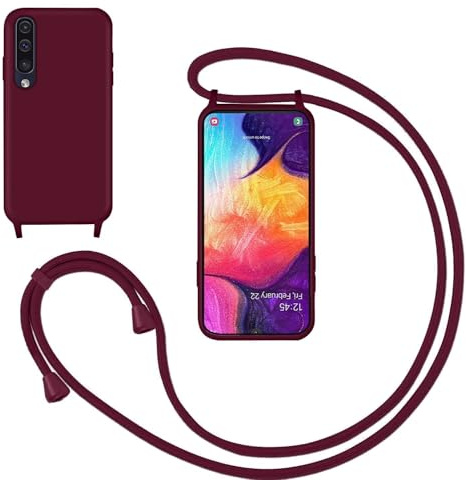 Silikon Handykette Handyhülle für Samsung Galaxy A50,Smartphone Necklace Hülle mit Band Schutzhülle mit Kette zum umhängen Halskette Flüssig Silikon Case für Samsung Galaxy A50,Rot