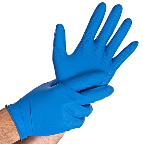 50 Stück Hygostar Nitrilhandschuhe Power Grip | puderfrei, Packung, blau, 9/L, L: 24cm, Einweghandschuhe, Mechaniker, Latexfrei, Fischschuppen-Struktur