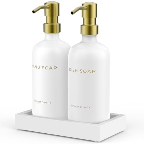 Kitchen Soap Dispenser Set with Tray - Hand and Dish Soap Dispenser for Kitchen,Modern Kitchen Decor & Accessories. (Gold)