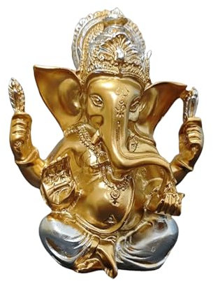 Goldene Lord Ganesha-Statuen,1 Stück Hindu Elefanten Gott Skulptur,Kunstharz indische Ganesha Idol Figur Elefanten Gott Figuren Dekoration Ornamente für Zuhause Büro Auto (Gold+Silber)