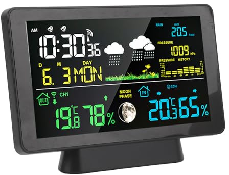 Wetterstation mit Sensoren, 7,5 Zoll Farbdisplay Vorhersagestation mit Regenmesser, Digitale Wetteruhr, Kabelloser Innen und Außentemperaturwecker