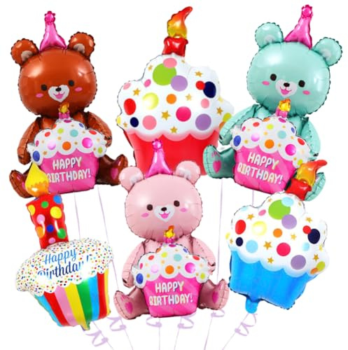 Bär Happy Birthday Ballon,6PCS Bär Luftballons Geburtstag,Happy Birthday Ballon Bär, XXL Luftballon Tiere Ballons Bär, Folien-Tierballons für Geburtstagspartys,Bär Geburtstagsdeko