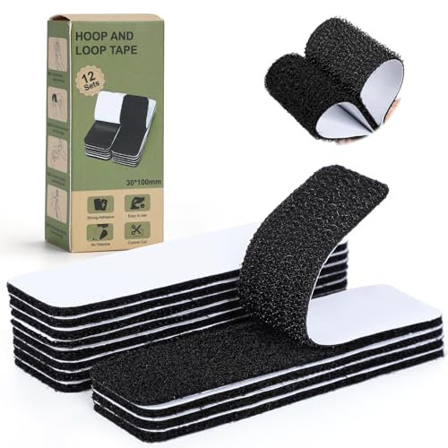 VynyQoo 12 Sets Autoadesivo Hook Loop, Durevole e Rimovibile Feltro Adesivo Forte, Nastro Adesivo Forte, per Decorazioni Fai da te per Casa, Ufficio, Cucina e auto (Nero)