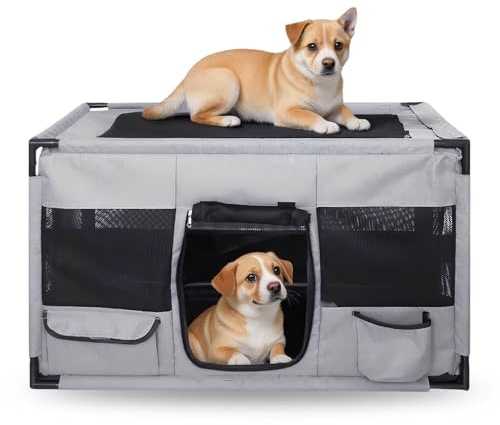 Welpenlaufstall Drinnen draußen Welpenauslauf Hunde-Käfig Oxford-Gewebe Extra Groß Tragbar Tier-Laufstall Kleintier Katzen Freigehege Rahmen, Hund Laufgitter mit PVC-Rohr, 100 * 58 * 58cm, Grau