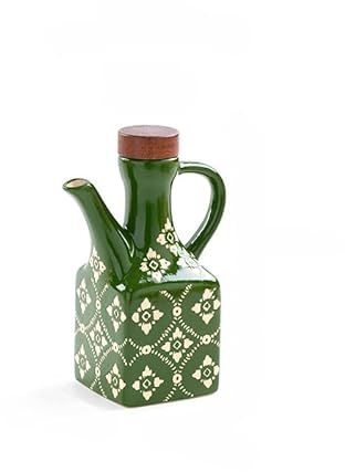 GYJZZW Ceramic Olive Oil Dispenser Bottle 8.5 oz, Decanter for Kitchen with Handle & Wooden Stopper, Vinegar Dispenser Set, Cooking Oil Container Cruet for Olive, Avocado, Vinegar, Jar (Green)