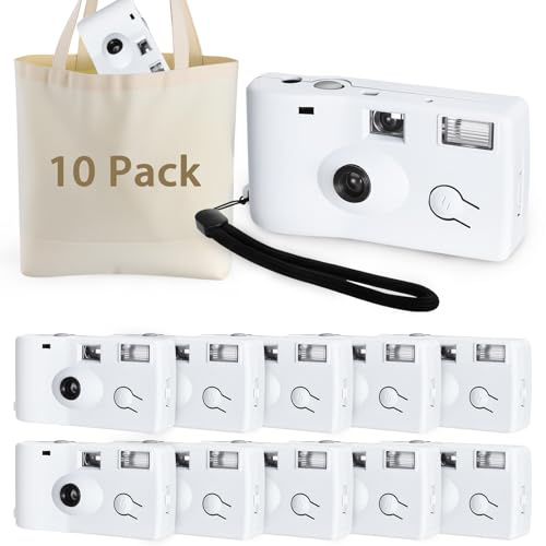 10 Pcs Disposable Cameras Bulk with Flash White Single-Use Film Cameras Set | Deluxe White Single-Use Film Cameras Set, Include 35mm iSO 400 Film, 17 Photos, Natural Color Canvas Bag