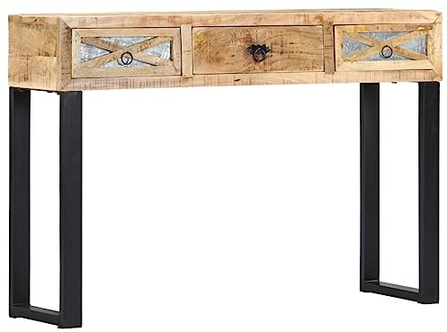 Runheo Konsolentisch 110x30x76cm aus massivem Mangoholz, Naturfarben, mit 3 Schubladen, verzinktem Stahlgestell, für Flur, Wohnzimmer, Beistelltisch