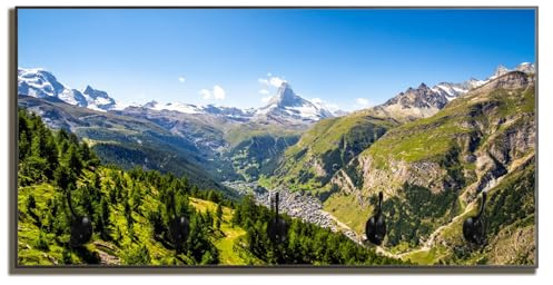 Wallario Wandgarderobe aus Holz in Größe 80 x 40 cm in Premium-Qualität, Motiv: Sommerliches Alpenpanorama | 5 Kleiderhaken zum Aufhängen