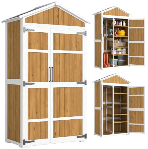 Outsunny Holz-Gartenschrank wasserdicht 105x55x179cm Weiß/Natur | Garten-Aufbewahrungsschrank, Metalldach, Doppeltür, für Gartengeräte