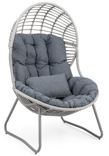 COSTWAY Korbsessel Rattan, Gartensessel mit Kissen, Rattansessel | Eiersessel mit Metallgestell, Loungesessel für Wohnzimmer, Balkon, Garten, Terrasse