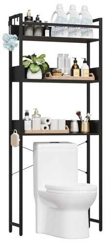 GarveeHome Gain de Place pour Salle de Bain – Étagère de Rangement WC 3 Niveaux autoportante en Bois avec étagères Ouvertes et Panier – Organisateur idéal pour Accessoires et Objets – : Noir