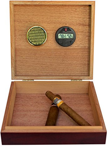 CASE ELEGANCE Digitaler Hygrometer mit Humidor aus spanischem Zedernholz in Kirschholz-Optik mit eingelassener Magnetdichtung