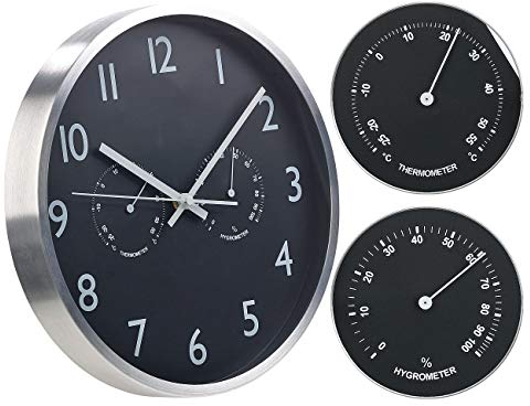 St. Leonhard Funkuhren: 3in1-Funk-Wanduhr mit Thermometer & Hygrometer, aus Aluminium, Ø 30cm (Wetterstationen, Funkuhr lautlos, Wetterstation analog)