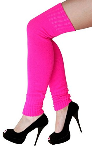 krautwear Damen Mädchen Schweißbänder Stirnband 2 Armbänder Beinstulpen Handschuhe 80er Jahre Set Neon Pink (Lange Stulpen Pink)