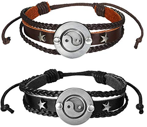 JewelryWe Schmuck Pärchen Armbänder Retro Tai Chi Yin Yang Stern geflochten Lederarmband Paare Armreifen Verstellbar Leder Freundschaftsarmband Partnerarmband für Herren Damen, Schwarz Braun Silber