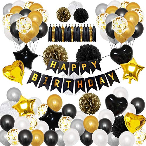 LAPONO Schwarz und Gold Party Dekorationen, Geburtstag Dekorationen Set 98Pcs mit Happy Birthday Banner Konfetti Latex Luftballons Sterne Herz Folienballons DIY Pompoms Blumen Quaste Girlande Dekor