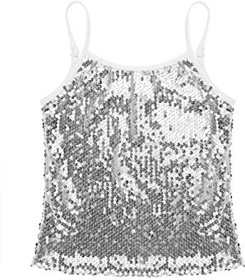 iEFiEL Mädchen Tops Pailletten Weste Trägertop Glänzend Kinder Tanz Shirt Oberteile mit Spaghettiträger Jazz Tanzkleidug Karneval Party in 5 Farben, 2 Stil A Silber 134-140