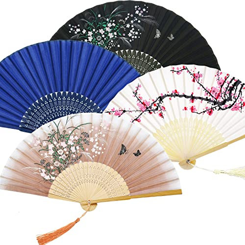 Handheld Floral Folding Fans Cherry Blossom Pattern Hand Held Fans Silk Bamboo Fans with Tassel Women's Hollowed Bamboo Hand Holding Fans for Women and Men (4 Pieces)