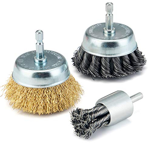 TILAX 3-Piece Wire Cup Brush Set, 3 & 1 Brass & Carbon Steel Wire Brushes, 1/4 Hex Shank, for Drill Attachment