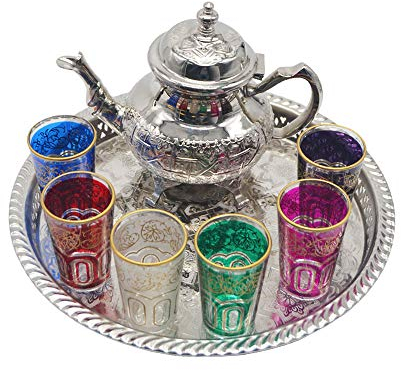 Set da tè marocchino completo, teiera da 800 ml, vassoio da 37 cm di diametro con gambe e 6 bicchieri colorati