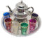 Set da tè marocchino completo, teiera da 800 ml, vassoio da 37 cm di diametro con gambe e 6 bicchieri colorati