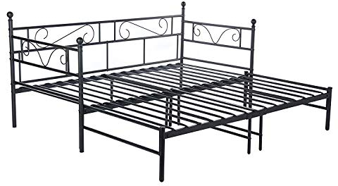LiePu Tagesbett Schlafsofa mit Ausziehbett, Metallbett Jugendbetten Gästebett, Schwarz Doppel-Bett Bettsofa, 90x190cm