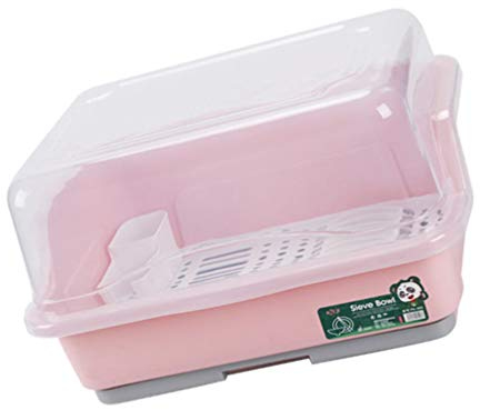 DOITOOL Escurridor de platos con tapa para encimera de cocina, soporte para utensilios de cocina, bandeja de secado, bandeja para cubiertos y escurridor, color rosa
