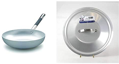 Pentole Agnelli ALMC111BPIC36 Linea Alluminio Induzione Padella Svasata Alta, Fondo a Induzione con 1 Manico Cool, 36cm & ALMA12928 Coperchio Rotondo Pesante con Ponticello, Alluminio Professionale