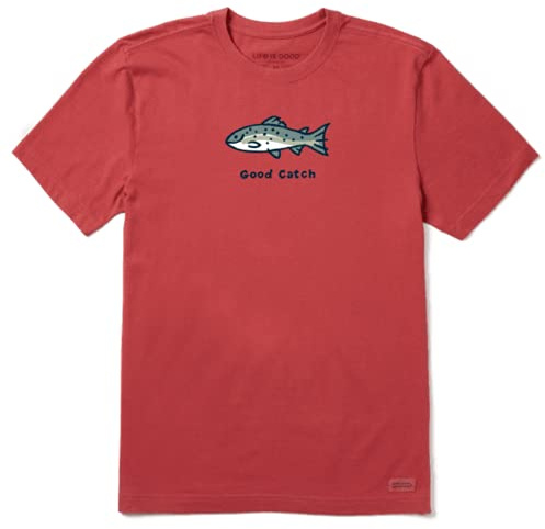Life Is Good Maglietta da Uomo Vintage Crusher Graphic off-Road Jake, Good Catch - Rosso Sbiadito, L