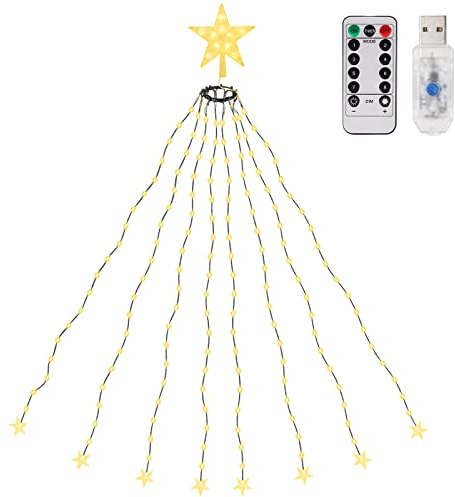 SALCAR 1,5m Christbaumbeleuchtung mit Ring, Weihnachtsbaum Lichterkette und 1 Weihnachtsbaumspitze Stern, 130 LED Lichterkette für Baum, Tannenbaum, Grüngürtel, Busche - Warmweiß