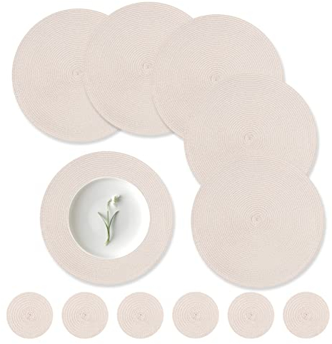 wiipara Round Woven Placemats Set of 6 Heat Resistant Round Braided Table Mats, 34 cm Washable Placemats and Coaster Sets for Dining/Kitchen Table, Party, Wedding, Beige